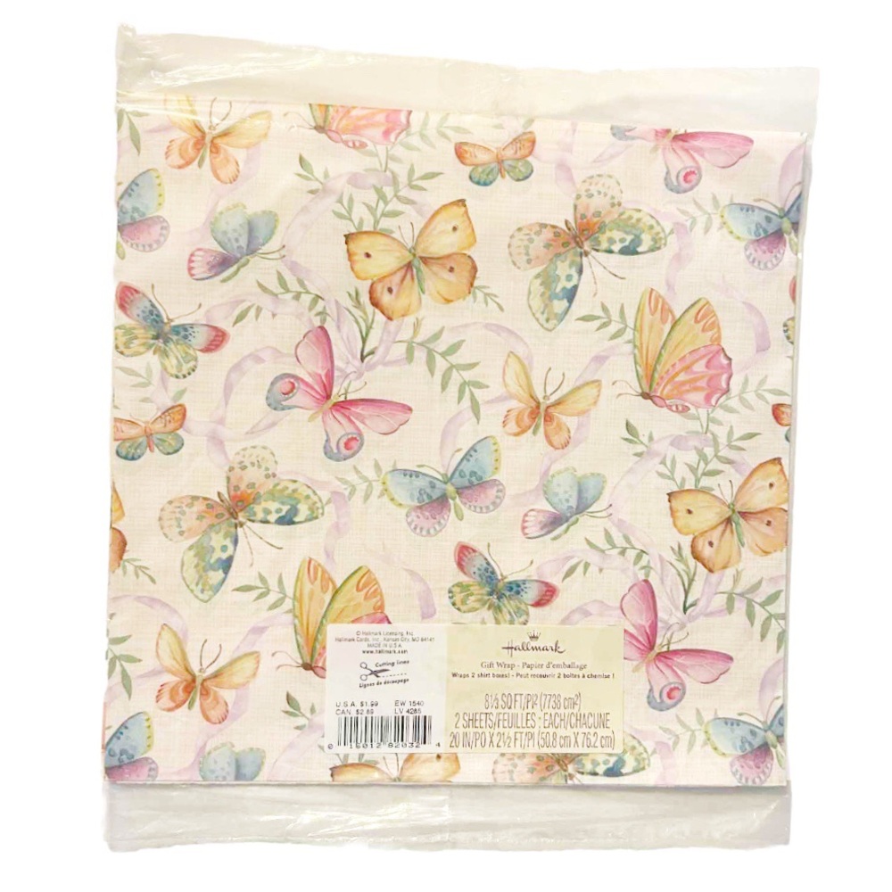 Vintage Hallmark Butterfly Gift Wrap Paper Yellow Blue Pink Green Purple 2 Sheet